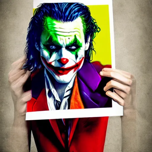 Image similar to the joker holding a printed photo of Margot Robbie, digital painting, amazing detail, artstation, cgsociety