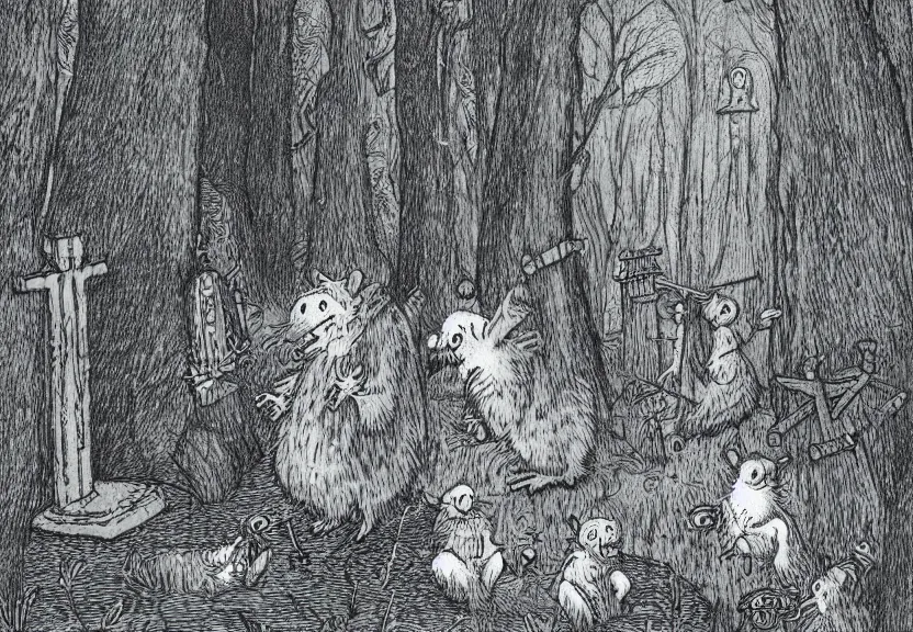 Image similar to possums dressed like a monk at a scary medieval cemetery in the middle of the forest at night, isometrical, highly detailed, by Maurice Sendak, colorized