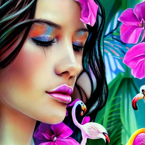 Prompt: photo realistic depiction of a beautiful woman face surrounded by giant black orchids and colorful flamingos style by stanley lau, hyper realistic