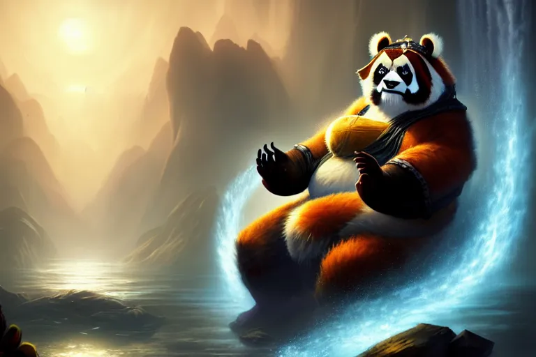 Image similar to [ important ] amazing portrait of a pandaren meditating [ / important ], hearthstone splash art, deiv calviz, splash art, natural light, elegant, intricate, fantasy, atmospheric lighting, by greg rutkowski, hearthstone splash art, hd wallpaper, ultra high details, cinematic composition