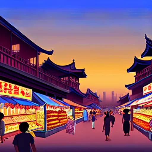 Image similar to an immaculate digital matte painting placid asian street market scene at dusk.