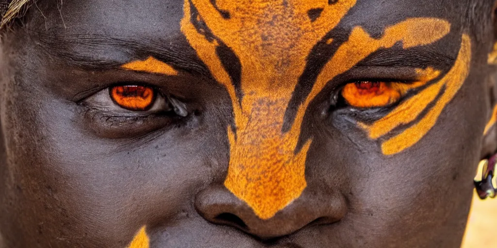 Image similar to vast desert, fierce looking dark - skinned tribal warrior with tiger eyes, close up