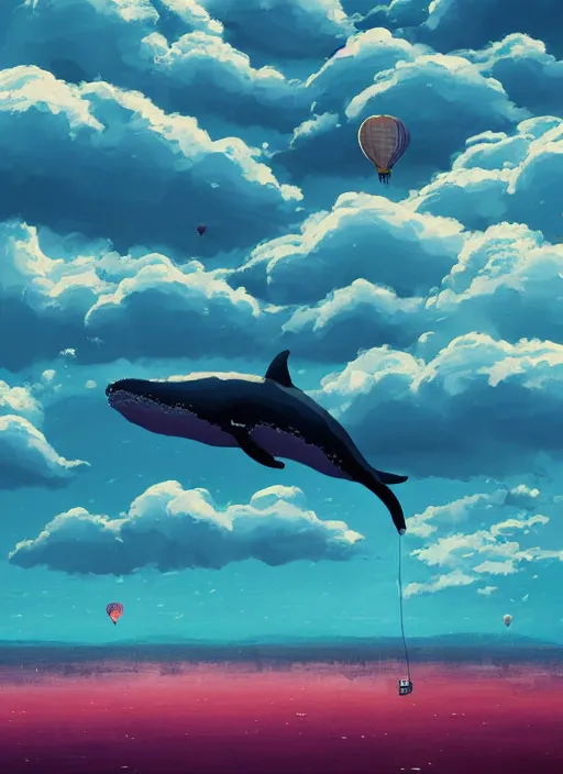 Prompt: A breaching whale made of clouds in the sky, hot air balloons with people, digital painting by Alena Aenami, Alena Aenami, Alena Aenami, Muhammad Nafay, Jordan Grimmer, Studio Ghibli, wonderous, serene, intricate, elegant, beautiful, highly detailed, artstation, concept art, sharp focus, illustration, cinematic lighting, cgsociety, 8k, high resolution, hyperdetailed, trending on artstation