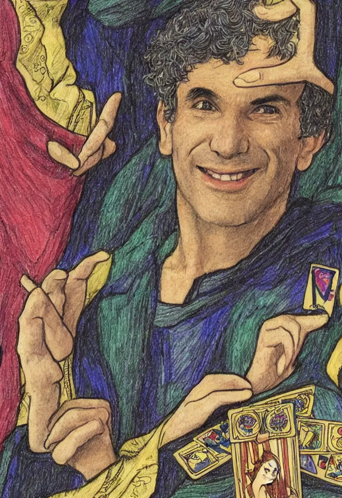 Image similar to Yoshua Bengio smiling drawn on the Tarot card. Illustration by preraphaelists.