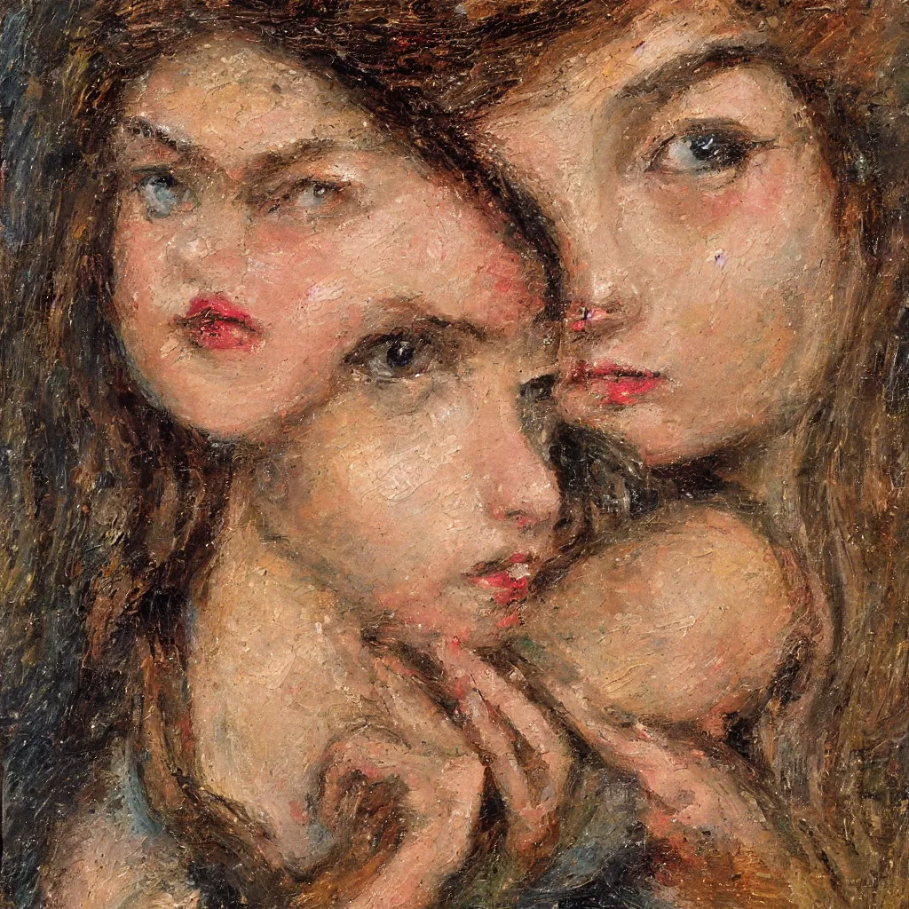 Prompt: Close up view girls face seen through an ornate metal grate painted in the style of the old masters, painterly, thick heavy impasto, expressive impressionist style, painted with a palette knife