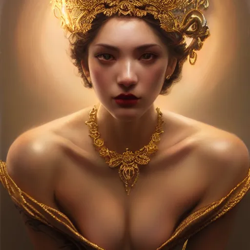 Prompt: expressive oil painting, of alluring european princess, seductive look, smirk, smooth glowing skin, glistening body, love, adoration, sweat, tattoos, ornate headpiece, dramatic lighting, glamour shot, by yoshitaka amano, by greg rutkowski, by jeremyg lipkinng, by artgerm, digital art, octane render, grunge aesthetic