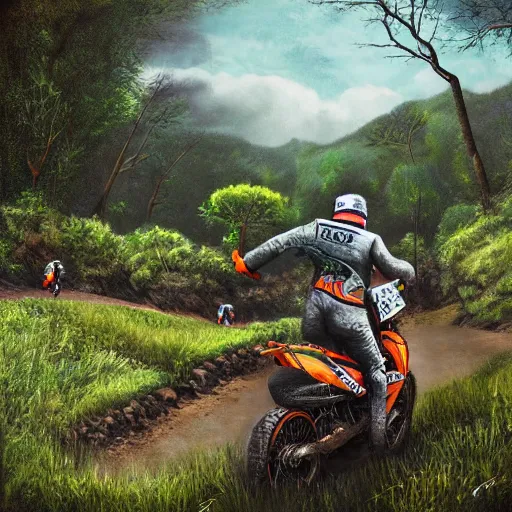 Image similar to detailed surreal digital painting of an off road motorcycle race moment, epic rider crash in the middle of a mountain view from a side, ktm, forest