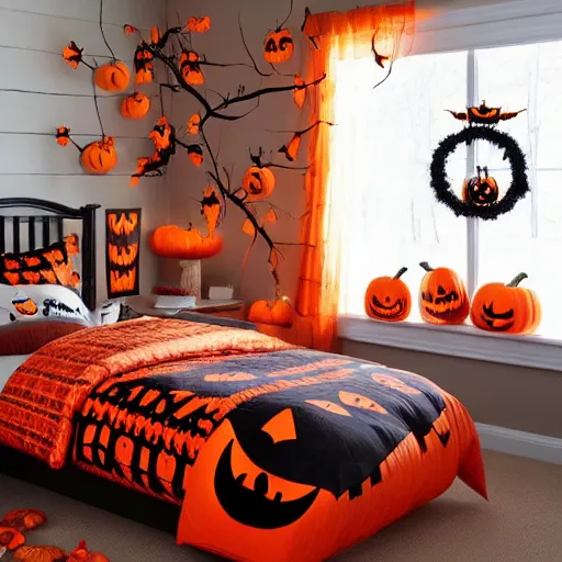 Image similar to homemade maple moth halloween themed christmas bedroom ideas, high resolution, creative, visually appealling