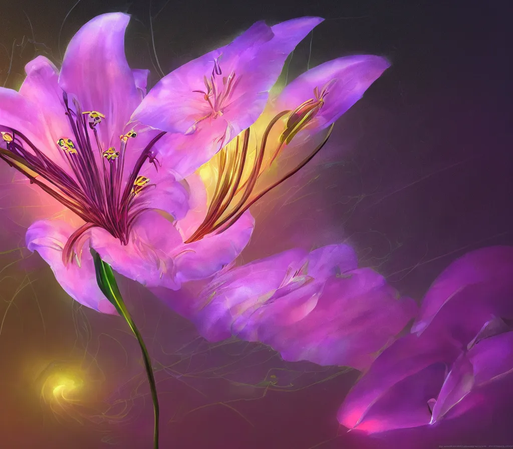 Image similar to detailed fantastic flower lily by artstation lucas parolin, dark night, neon lights, reflections ray, tracingstar trails, dramatic light, fluffy clouds, digital painting, igh detailed, 8 k render, perfect shape, hyperrealistic