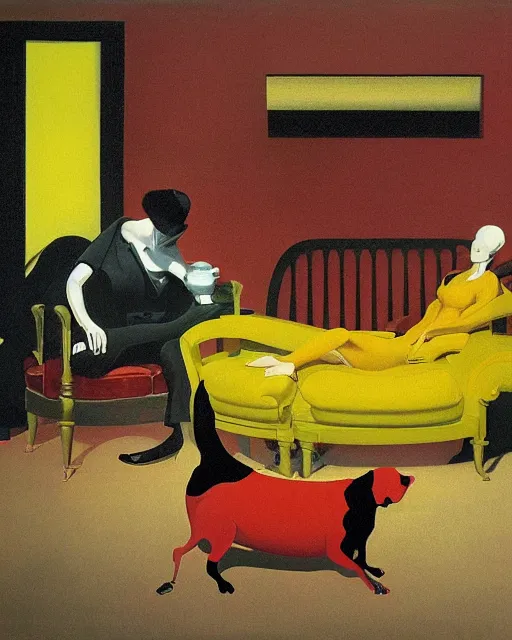 Image similar to old dead couple on couch with a big black dog in a yellow art deco interior room in the style of Francis Bacon and Syd Mead, open ceiling, highly detailed, painted by Francis Bacon and Edward Hopper, couple and dog painted by James Gilleard, surrealism, airbrush, very coherent, triadic color scheme, art by Takato Yamamoto and James Jean