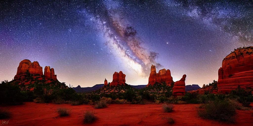 Image similar to long distance shot, sedona's cathedral rock bluff, night, milky way, intricate lines, elegant, extreme detail, sharp focus, photo realistic, ultra realistic, photographic