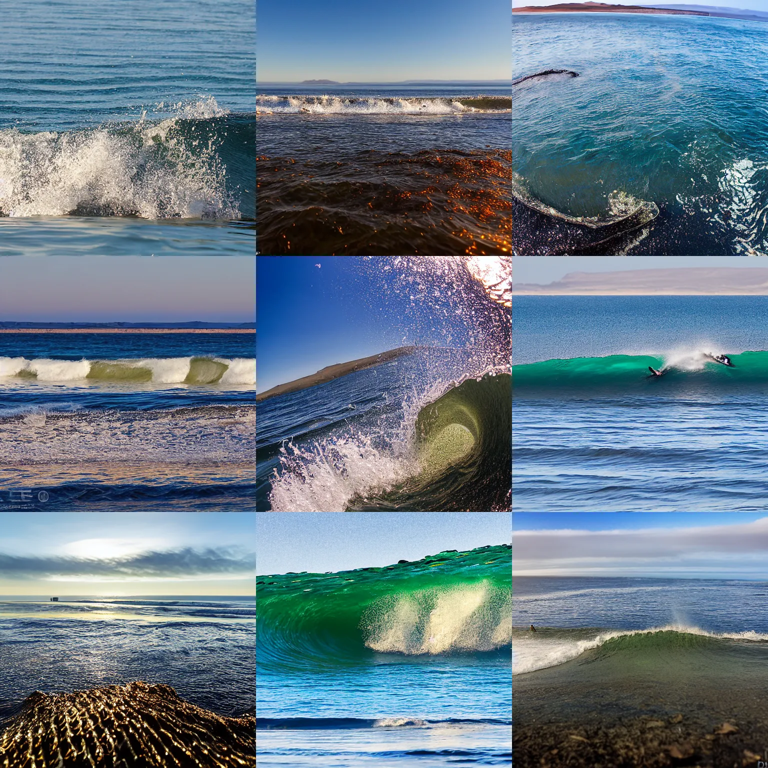 Prompt: small perfect right wave, reef point, breaking in shallow clear water, directly in front of viewer, hollister ranch, offshore winds, kelp, islands on horizon, oil dereks on horizon, late afternoon, fall time, central california