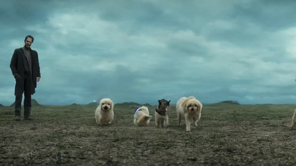 Image similar to all dogs go to heaven, film still from the movie directed by Denis Villeneuve with art direction by Salvador Dalí, wide lens