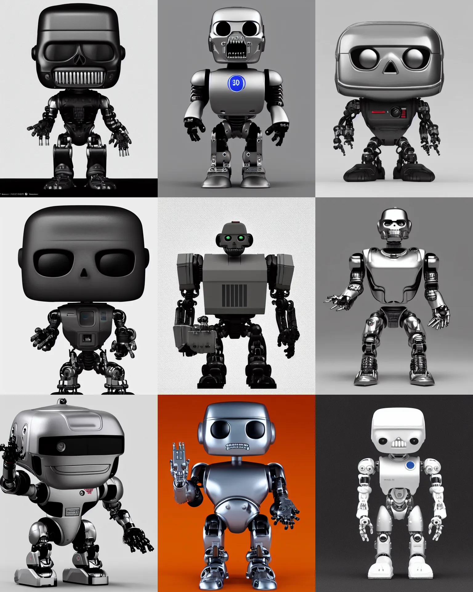 Prompt: full body 3 d render of terminator robot as a funko pop!, studio lighting, white background, single body, no shadow, blender, trending on artstation, 8 k, highly detailed
