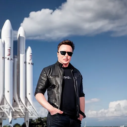 Prompt: picture of elon musk wearing sunglasses and his spacex starship rocket in the background, good lighted photo, sharp details, detailed, hd, hdr