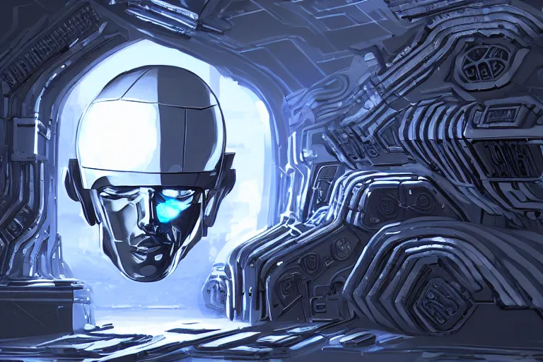 Prompt: futuristic environment with cybernetic head sculpture, concept art