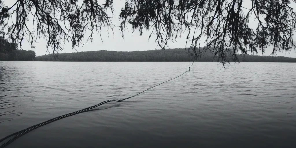 Image similar to symmetrical photograph of an infinitely long rope submerged on the surface of the water, the rope is snaking from the foreground towards the center of the lake, a dark lake on a cloudy day, trees in the background, moody scene, dreamy anamorphic lens