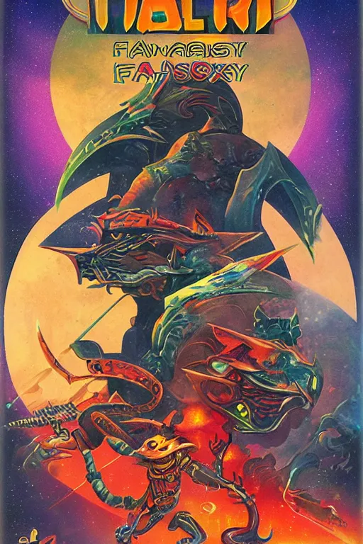 Image similar to atari fantasy box cover design, art by warren chang