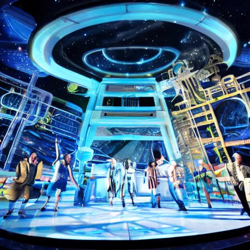 Image similar to a photo still of the Broadway production 'Future World 2050'. Spaceship scene.
