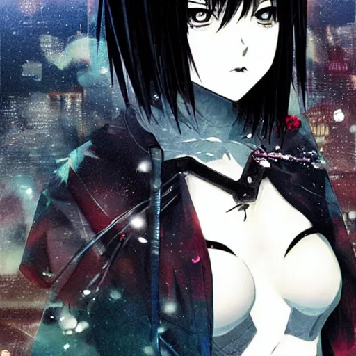 Image similar to android, killer - girl, high detail of the face, full body 1 / 6 nihei tsutomu, style of manga, night, city,