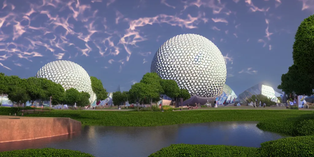 Prompt: epcot center, viewed from a distance, 4 k digital art, volumetric lighting, trending on artstation, high quality,