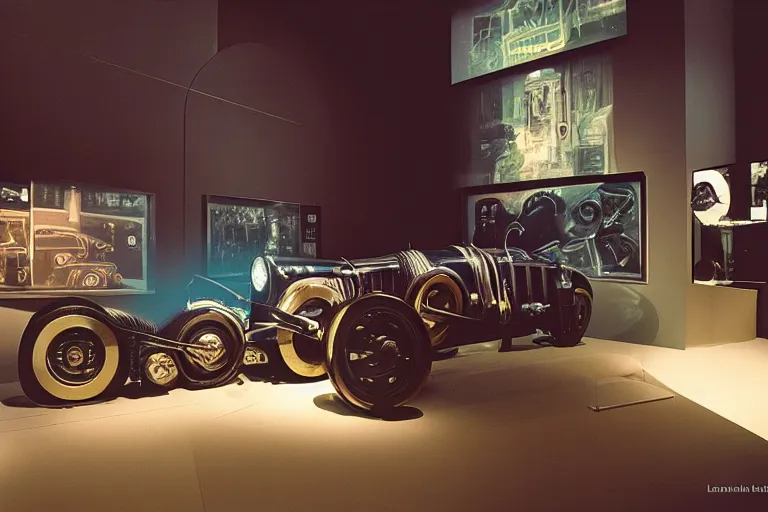 Image similar to cyberpunk 1 9 2 6 bugatti type 3 5, volumetric lighting, in a museum, museum exhibit, museum lighting, 9 0 s film photo