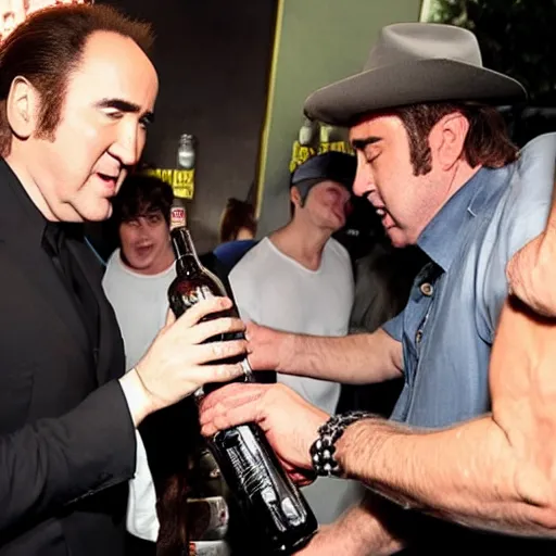 Image similar to Tarantino drinks a bottle of water filled with Nicolas Cage.