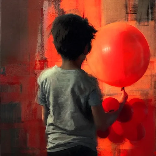 Image similar to lonely kid holding a red balloon, painting by jeremy mann