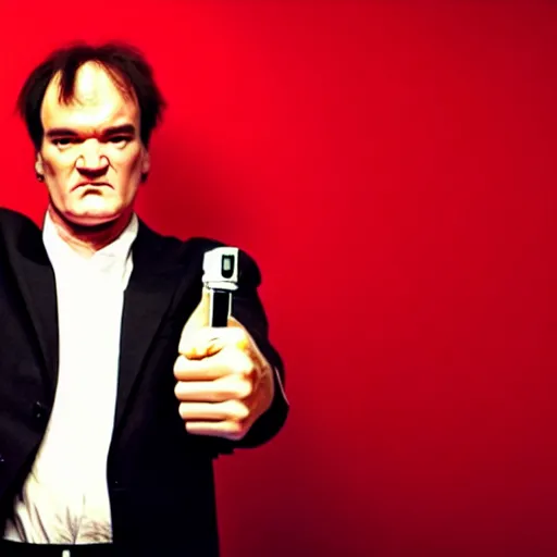 Image similar to quentin tarantino giving his thumbs up with his left hand, raising a lightsaber with his right hand. red background. cinematic trailer format.