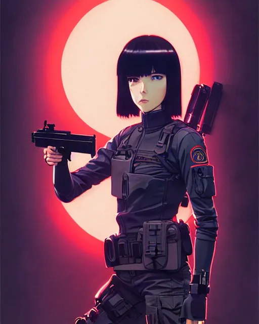 Image similar to girl wearing tactical gear, very anime, fine - face, audrey plaza, realistic shaded perfect face, fine details. anime. realistic shaded lighting poster by ilya kuvshinov katsuhiro otomo ghost - in - the - shell, magali villeneuve, artgerm, jeremy lipkin and michael garmash and rob rey