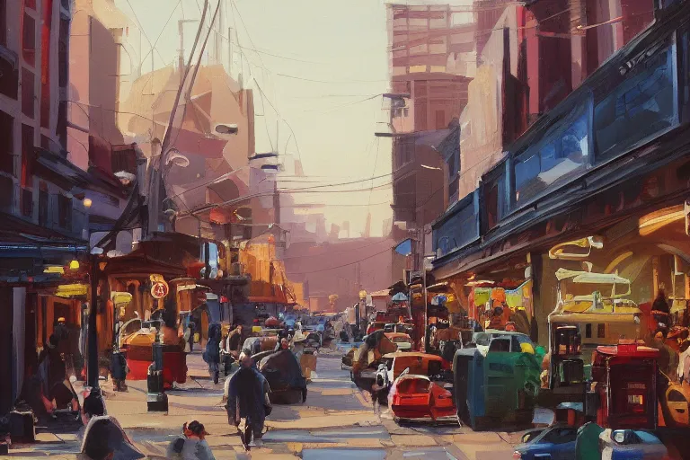 Prompt: beautiful color painting of a busy downtown street, repair shop, trending on artstation