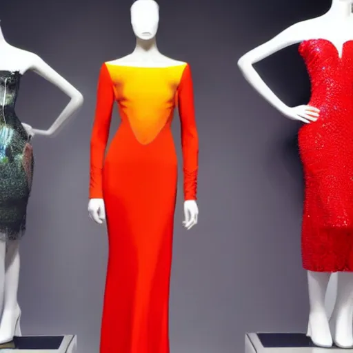 Prompt: a mannequin wearing a colorful gown in the style of mugler, not red