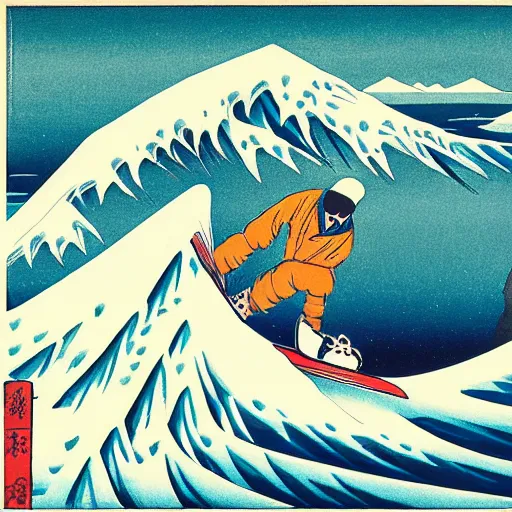 Prompt: man snowboarding with roostertail woodblock print, style of hokusai, fine art, style of kanagawa, winter painting