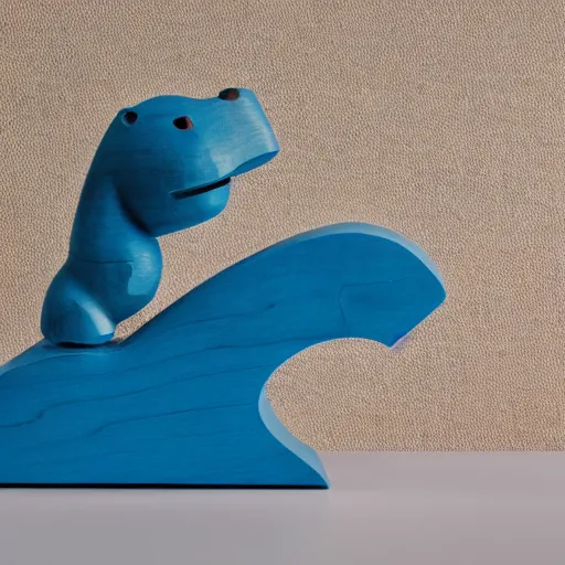 Prompt: a small wooden hippo with a blue epoxy body and wood, an abstract sculpture by jean arp, behance, mingei, biomorphic, henry moore, sketchfab