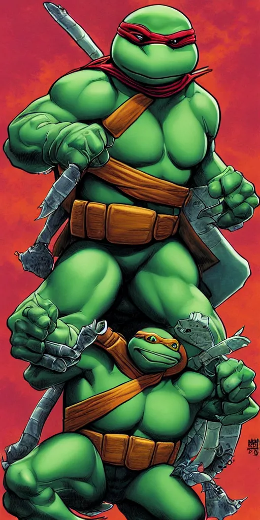 Image similar to Teenage mutant ninja turtle comic book cover illustration by brom