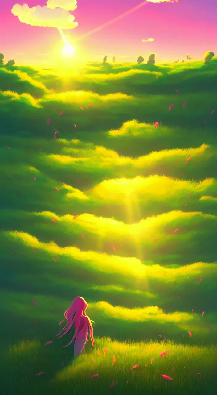 Image similar to green lush field, aesthetic, calming, pink and yellow clouds in the sky, brightly illuminated by rays of sun, clouds backlit by the sun, sunset, artstation, colorful sylvain sarrailh illustration, peter chan, day of the tentacle style