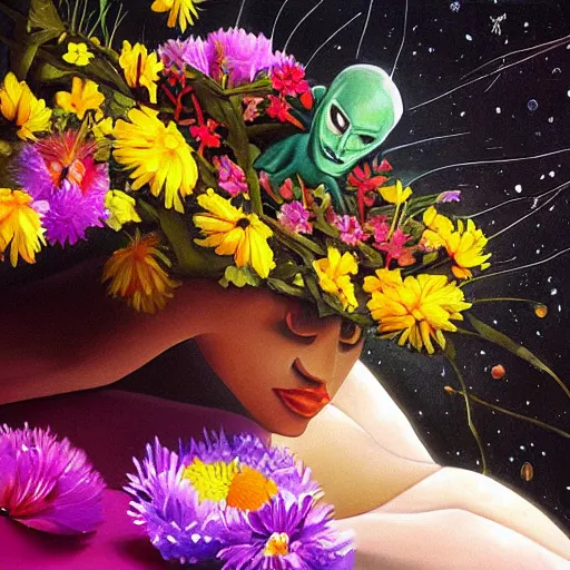 Image similar to beautiful painting of a cute alien sleeping laying in colorful flowers. sci fi concept art by caravaggio