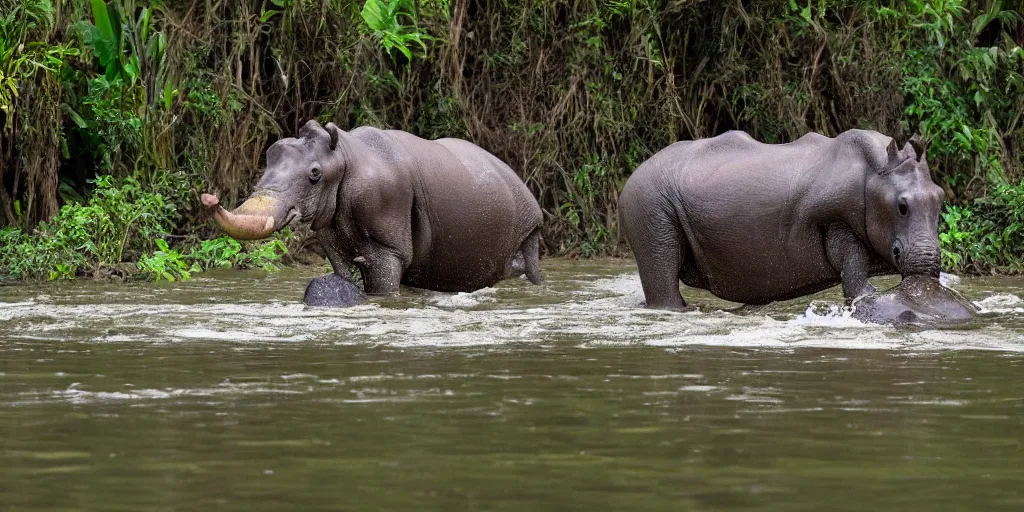 Image similar to a single hippo in a river in the jungle. the hippo has a rhino's horn and an elephant's trunk. extremely high fidelity, natural lighting