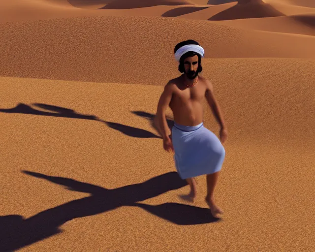 Image similar to a brown man aladdin floating on a magical carpet ride over the arabic desert. realistic 16k footage.