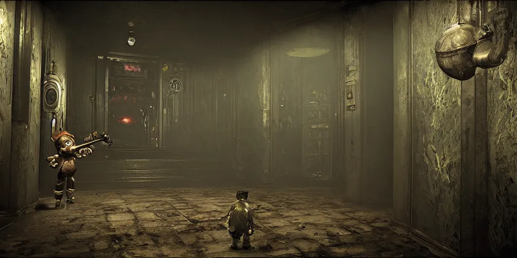 Image similar to bioshock big daddy bouncer in a dark hallway, grimy, grungy, rapture.