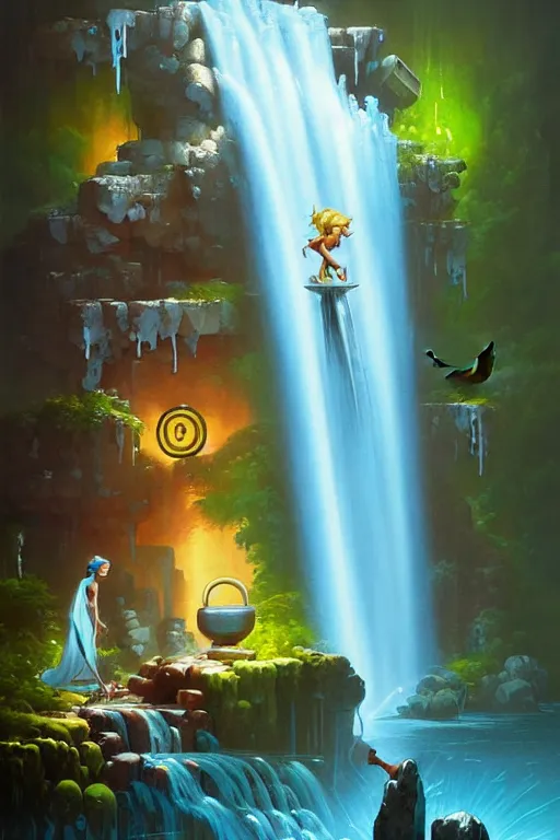 Image similar to water faucet person dnd character with a waterfall behind them by peter mohrbacher, basquiat