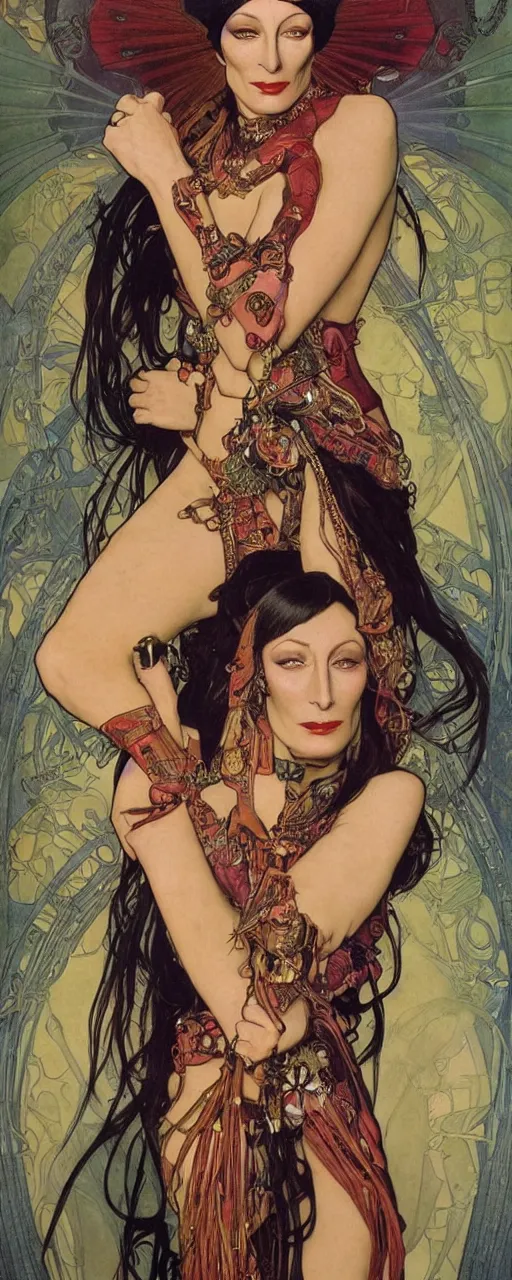 Image similar to striking sensual colorful art nouveau style portrait of anjelica huston as an industrial leatherpunk rebel commander by glenn fabry, simon bisley and alphonse mucha, photorealism, extremely hyperdetailed, perfect symmetrical facial features, perfect anatomy, ornate declotage, spikes, latex, excited expression, wild eyes
