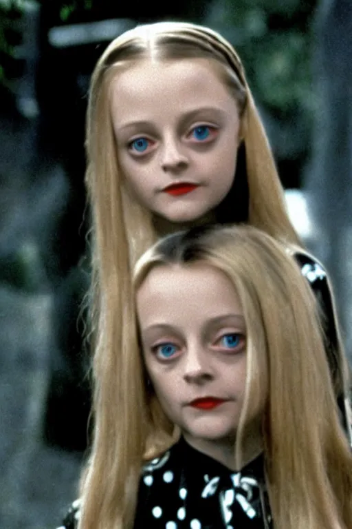 Prompt: Young Jodie Foster as Wednesday in The Addams Family movie 1991