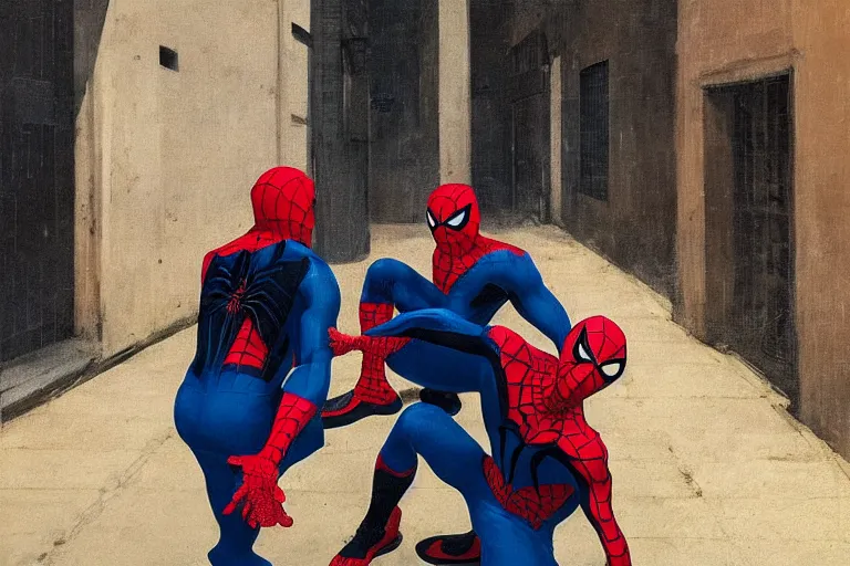 Prompt: three spidermans pointing at each other in an alley way, a portrait by francisco jose de goya, pexels, classical realism, studio portrait, dutch golden age, ilya kuvshinov