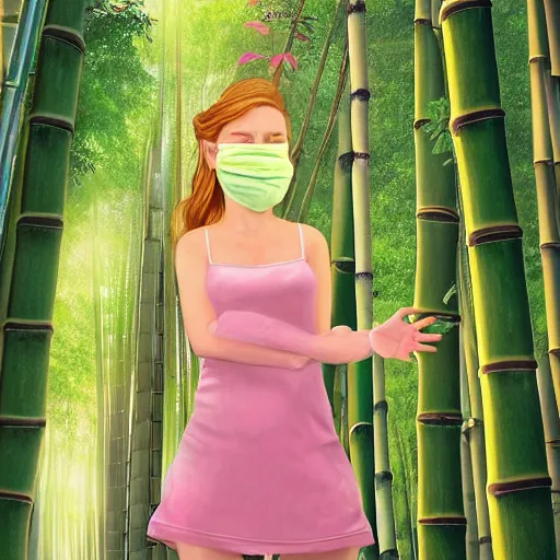 Image similar to A young beautiful giantess with a pretty face,she has green eyes, a cute nose and pink lips,she is wearing a sundress and a face mask, she is walking in a bamboo forest ,detailed body and eyes,proper anatomy, beautiful lighting,,digital art , highly detailed , high contrast, beautiful lighting, award winning , trending on art station, 8k, photo realistic,unreal engine 5