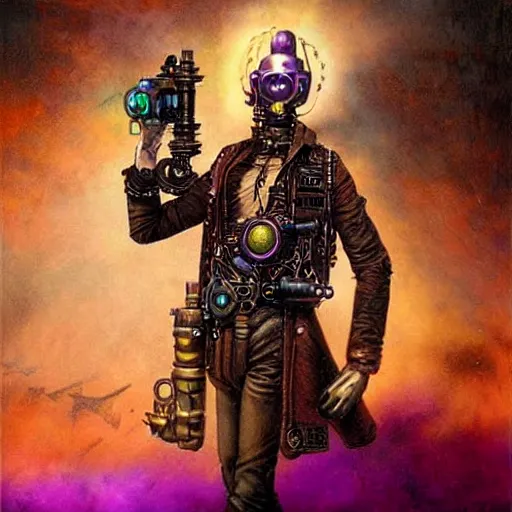 Image similar to steampunk android that emits purple fog, art by howard david johnson