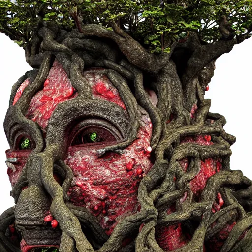 Image similar to incredibly detailed 100 year old Morton Bay fig bonsai planted in, Upside-down ancient intricate red samurai helmet, volcanic rocks, photorealistic, vulumetric lighting, exquisite detail, vray 4k highly detailed, no dof