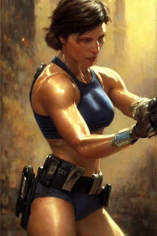 Image similar to muscular sweat, jill valentine as cop, face close up, highly detailed painting by gaston bussiere, craig mullins, j. c. leyendecker 8 k