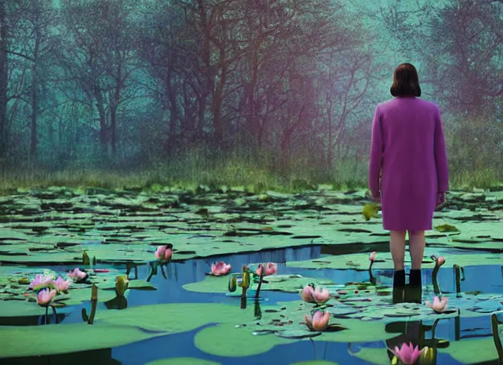 Image similar to cinematic mid shot of a high detail, woman's face looking off camera. fine facial features. she stands in an empty, pastel colourful 3 d, water lilly swamp, by jeffrey smart and gregory crewdson and edward hopper, inspired by the grand budapest hotel