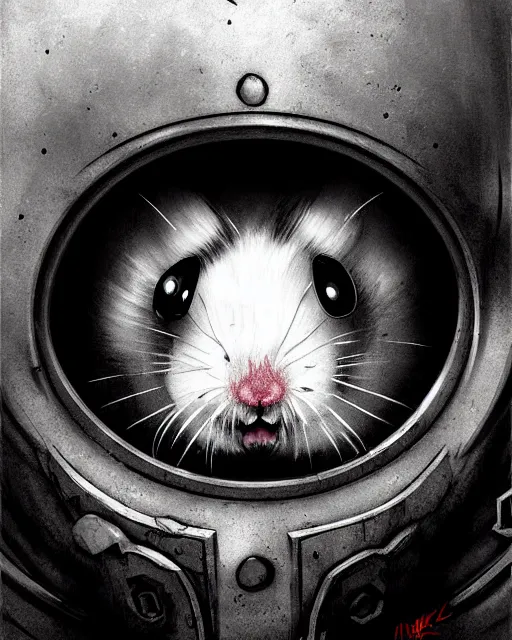 Prompt: wrecking ball the hamster from overwatch, with an evil and crazy look inn her eyes, character portrait, portrait, close up, concept art, intricate details, highly detailed, horror poster, horror, vintage horror art, realistic, terrifying, in the style of michael whelan, beksinski, and gustave dore